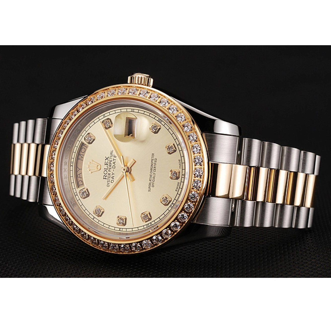 MiroTime 0719 Swiss Rolex Day-Date Champagne Dial Gold Diamond Case Two Tone Stainless Steel Bracelet 1453974